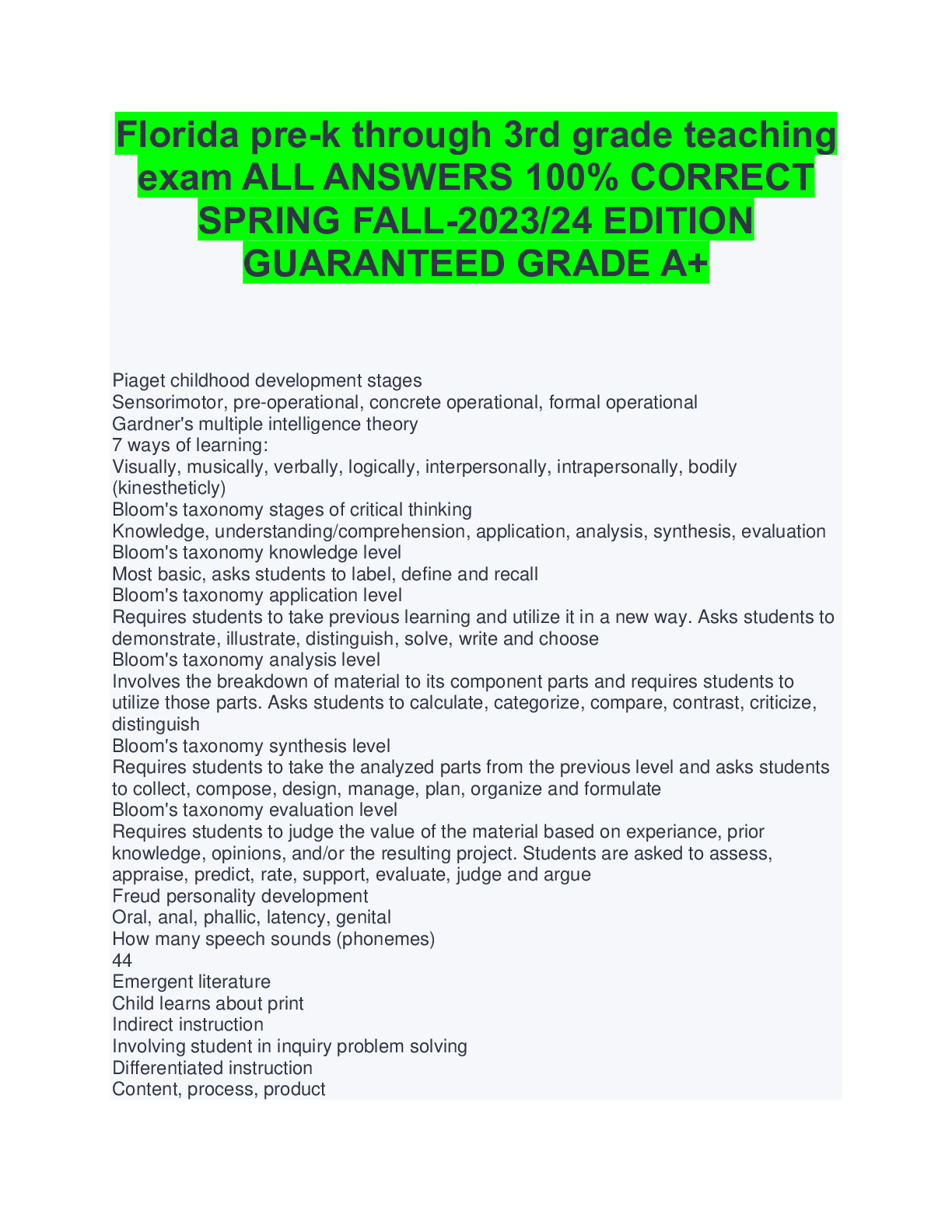 Preview image for Florida pre-k through 3rd grade teaching exam ALL ANSWERS 100% CORRECT SPRING FALL-2023/24 EDITION GUARANTEED GRADE A+